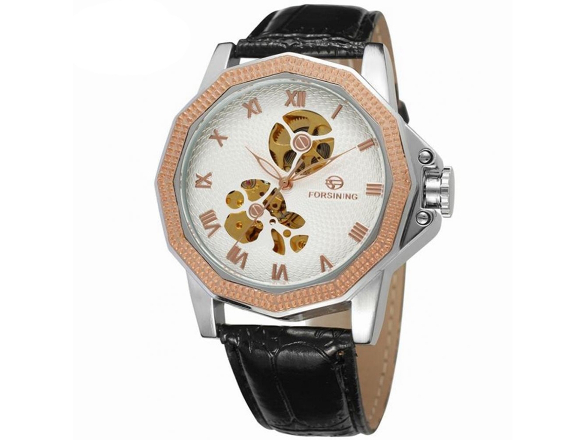 Relógio de negócios automático masculino Forsining com design vazado em ouro branco e rosa.
