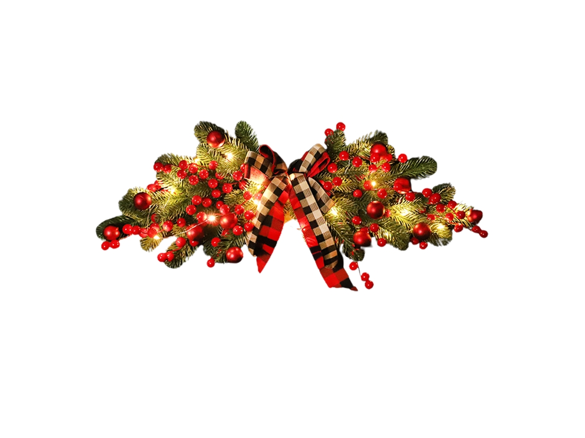 Porta Lintel Decorativo Natal Xadrez Vermelho Com Luzes Baterias Aa