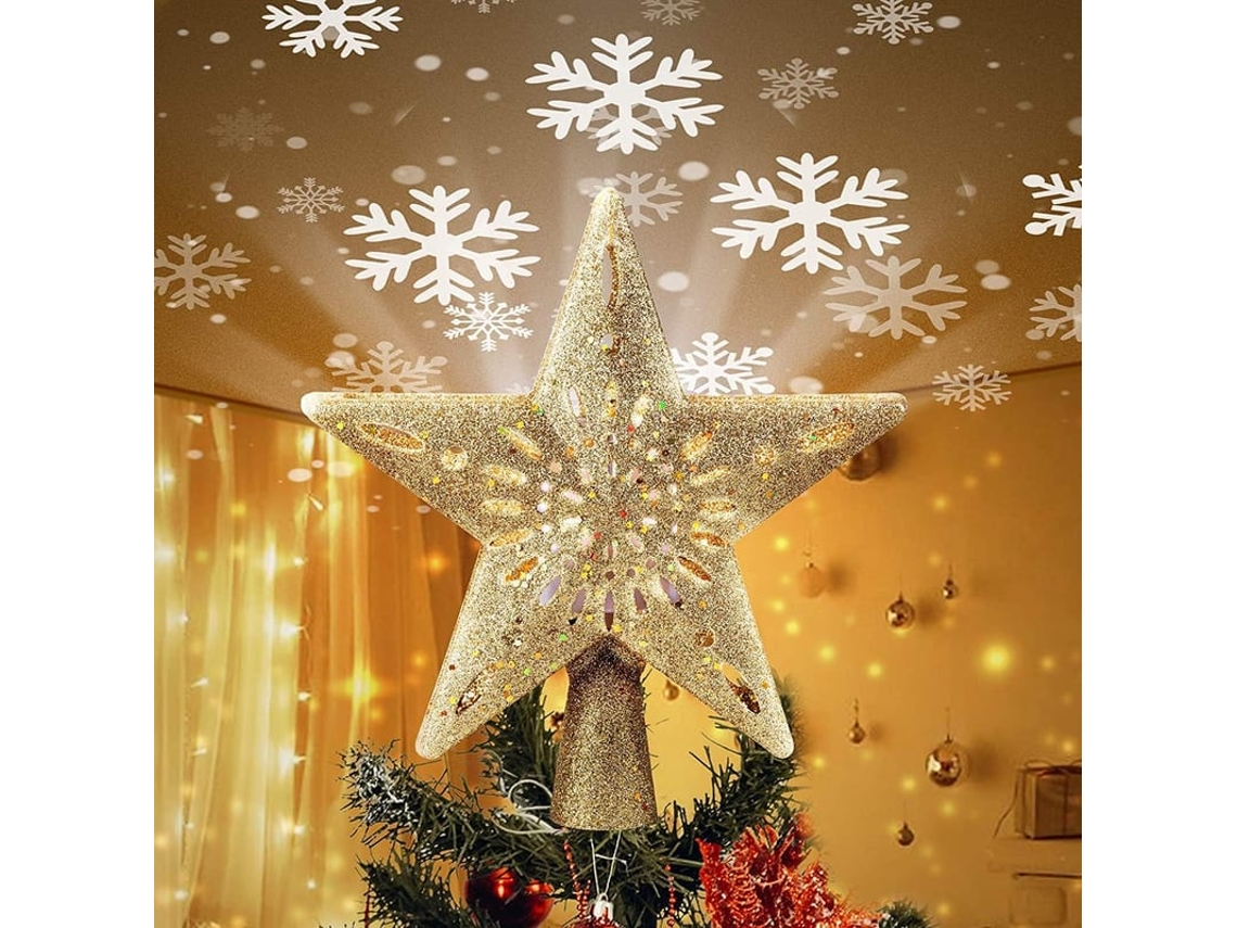 Topo De Árvore De Natal Estrela Com Projetor De Luzes De Floco De Neve Led Pentagrama Oco