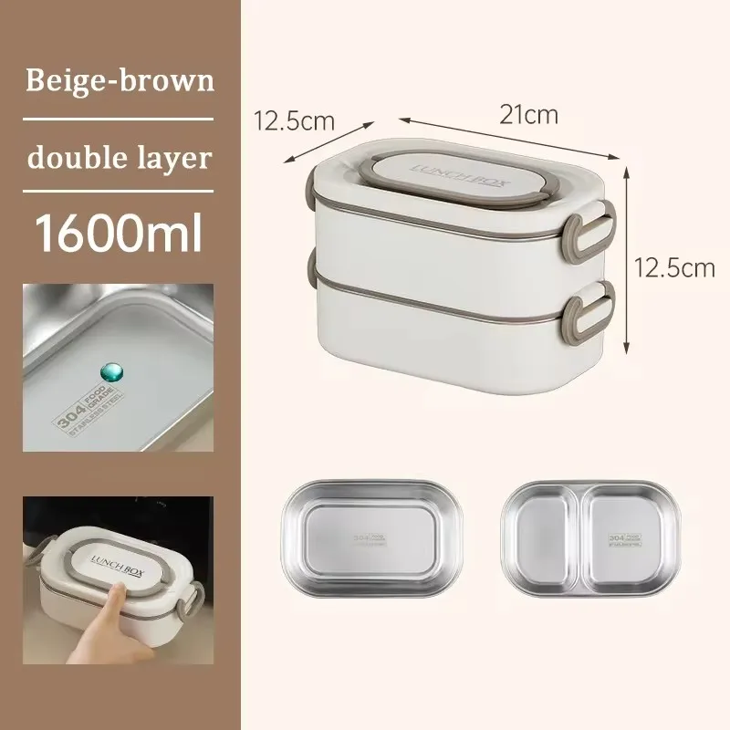 Lancheira Térmica Portátil em Aço Inoxidável 304, Própria para Micro ondas, com Grande Capacidade. MDUG (branca, 2 Camadas)