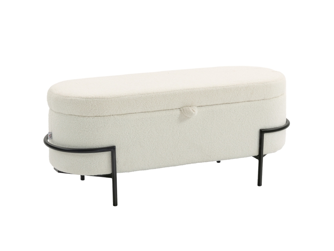 Banqueta Baú Pufe Tampa Armazenamento Pés Aço Lã Branco Creme Moderno