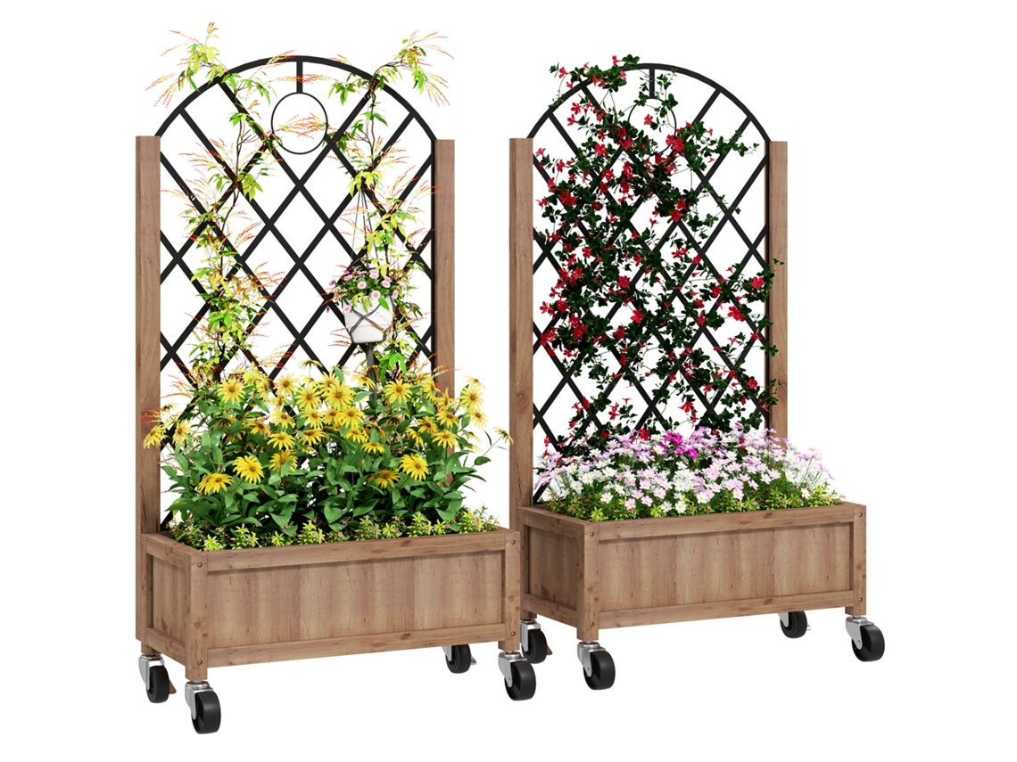 Conjunto De 2 Canteiros/jardineiras Elevadas Com Rodas, Treliça E Vasos/floreiras, Em Madeira, 52x25x97cm, Marrom