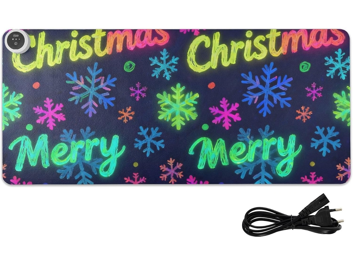 Mousepad Aquecido de Poliuretano com Flocos Neve Feliz Natal 80 X 33 Cm para Mesa Computador