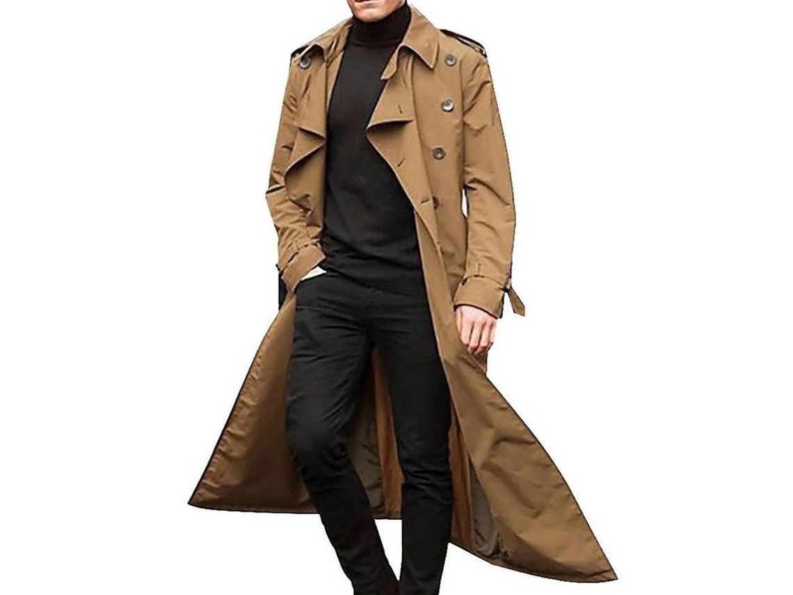 Manteau Longue Trench Homme Mode Col Revers Manteau Veste Simples Extérieur Polyester Khaki