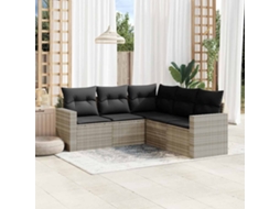 Vidaxl 5 Pcs Conj. Sofás Jardim C/ Almofadões Vime Pe Cinzento-claro