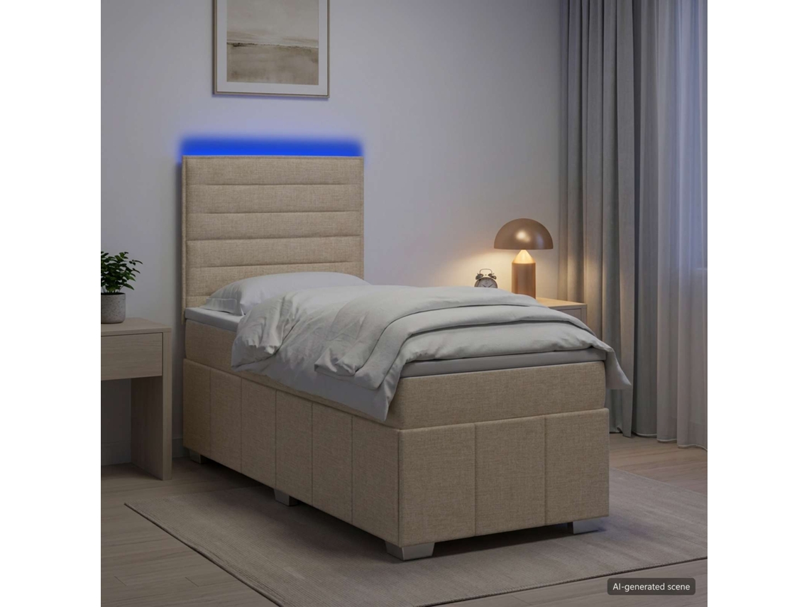 Vidaxl Cama Box Com Led E Colchão Creme 90 X 200 Cm Tecido