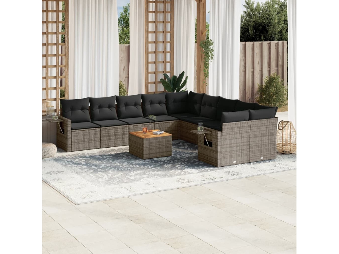 Vidaxl 11 Pcs Conjunto Sofás De Jardim C/ Almofadões Vime Pe Cinzento