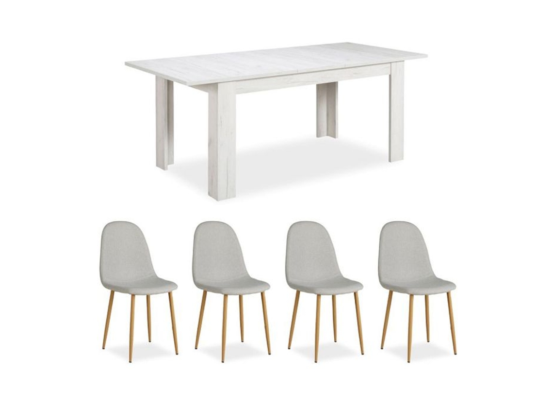 Mesa De Jantar Extensível - Homestyle4u - 160,5x90,5 Cm - Branco Shabby - 4 Cadeiras Em Linho Cinza - Extensível Até 200,5 Cm