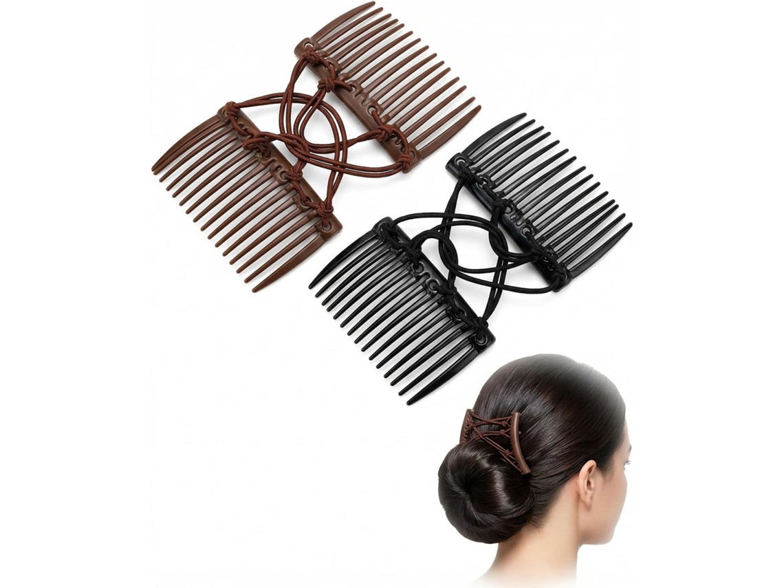 Conjunto de 2 Presilhas Elásticas Duplas Ajustáveis Magic Comb para Cabelos Grossos - Crie Coques Elegantes e Vintage com Facilidade