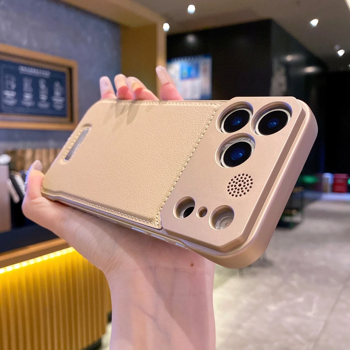 Capa Para Iphone 14 Plus Dourada, Em Couro Genuíno Sem Moldura E Com Aroma, Com Função Magnética.