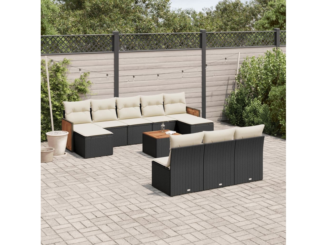 11 Pcs Conjunto Sofás De Jardim C/ Almofadões Vime Pe Preto Dkd Home Decor