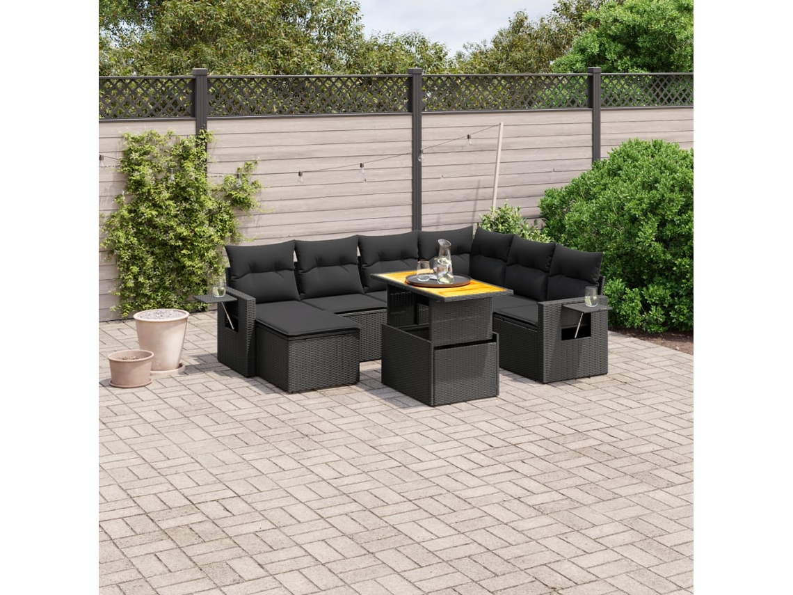 Vidaxl 8 Pcs Conjunto Sofás De Jardim Com Almofadões Vime Pe Preto