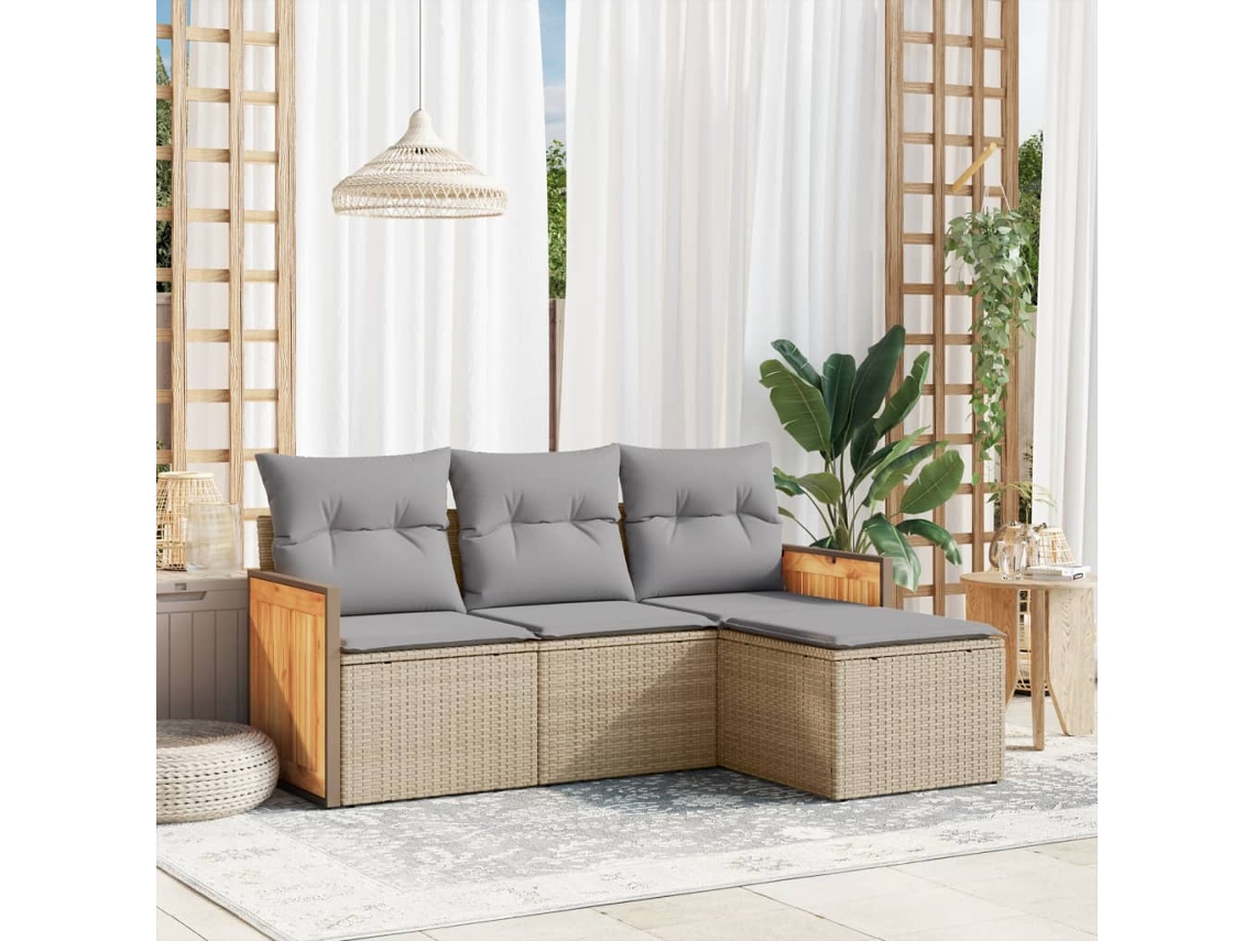 Vidaxl 4 Pcs Conjunto De Sofás Para Jardim C/ Almofadões Vime Pe Bege