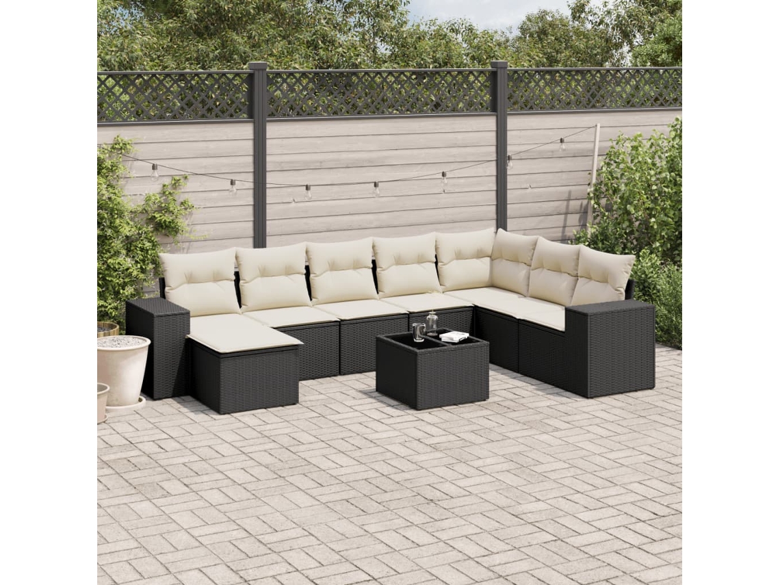 Vidaxl 9 Pcs Conjunto De Sofás P/ Jardim C/ Almofadões Vime Pe Preto