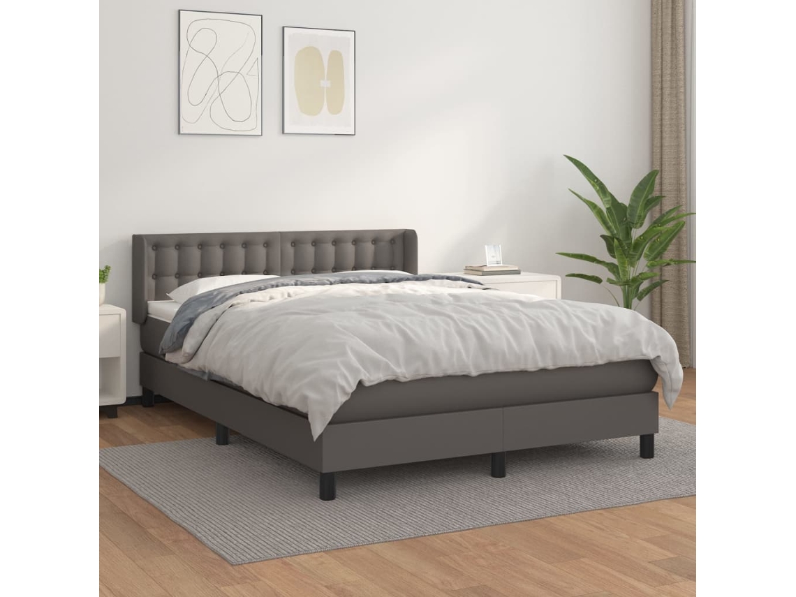Vidaxl Cama Com Molas/colchão 140x200 Cm Couro Artificial Cinzento