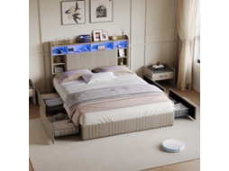 Cama De Casal 140x200 Cm Com Gavetas, Cabeceira De Linho, Led Rgb, Usb E Type-c | Cama De Adulto Moderna Com Arrumação