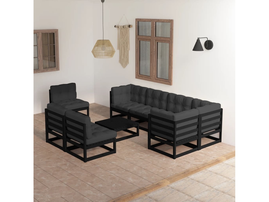 9 Pcs Conjunto Lounge De Jardim C/ Almofadões Pinho Maciço Dkd Home Decor