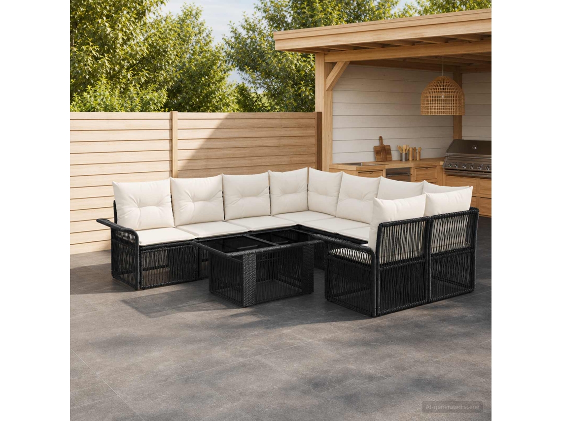 Vidaxl Conjunto De Sofá De Jardim 9 Unid. Preto E Branco Creme Vime Pe