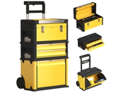 Conjunto de 3 Caixas de Ferramentas de Aço Empilháveis e Modulares com Rodízios, Bandeja, Alças e Fechadura em Amarelo | S/MARCA