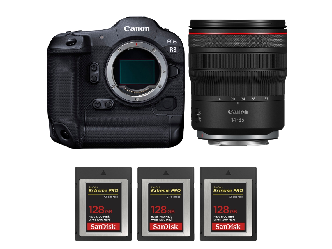 Eos R3 + Rf 14 35mm F/4 L Is Usm + 3 Sandisk 128gb Extreme Pro Cfexpress Type B + Ebook “20 Dicas para Fotos Que Impressionam” CANON