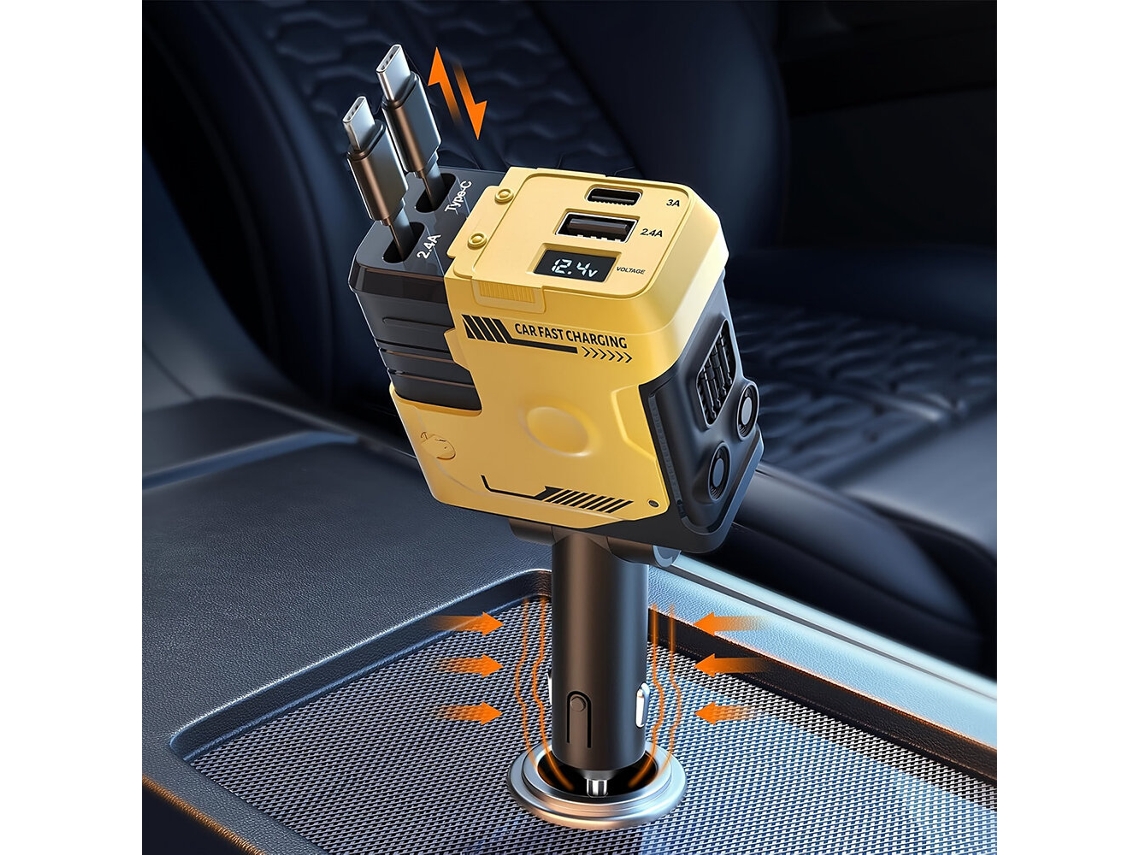 Carregador veicular retrátil 4 em 1 preto, 120 W USB-C Isqueiro, suporte para carregador veicular, adaptador com 2 portas USB, carregador de celular