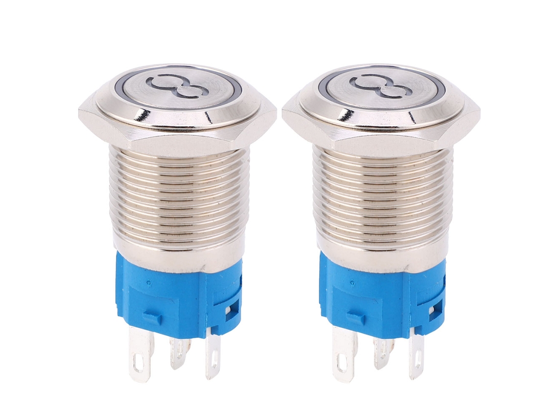 Interruptor De Botão Plano De Aço Inoxidável 16mm Auto-reset 5 Pinos Símbolo '8' Branco 12vdc 2 Peças