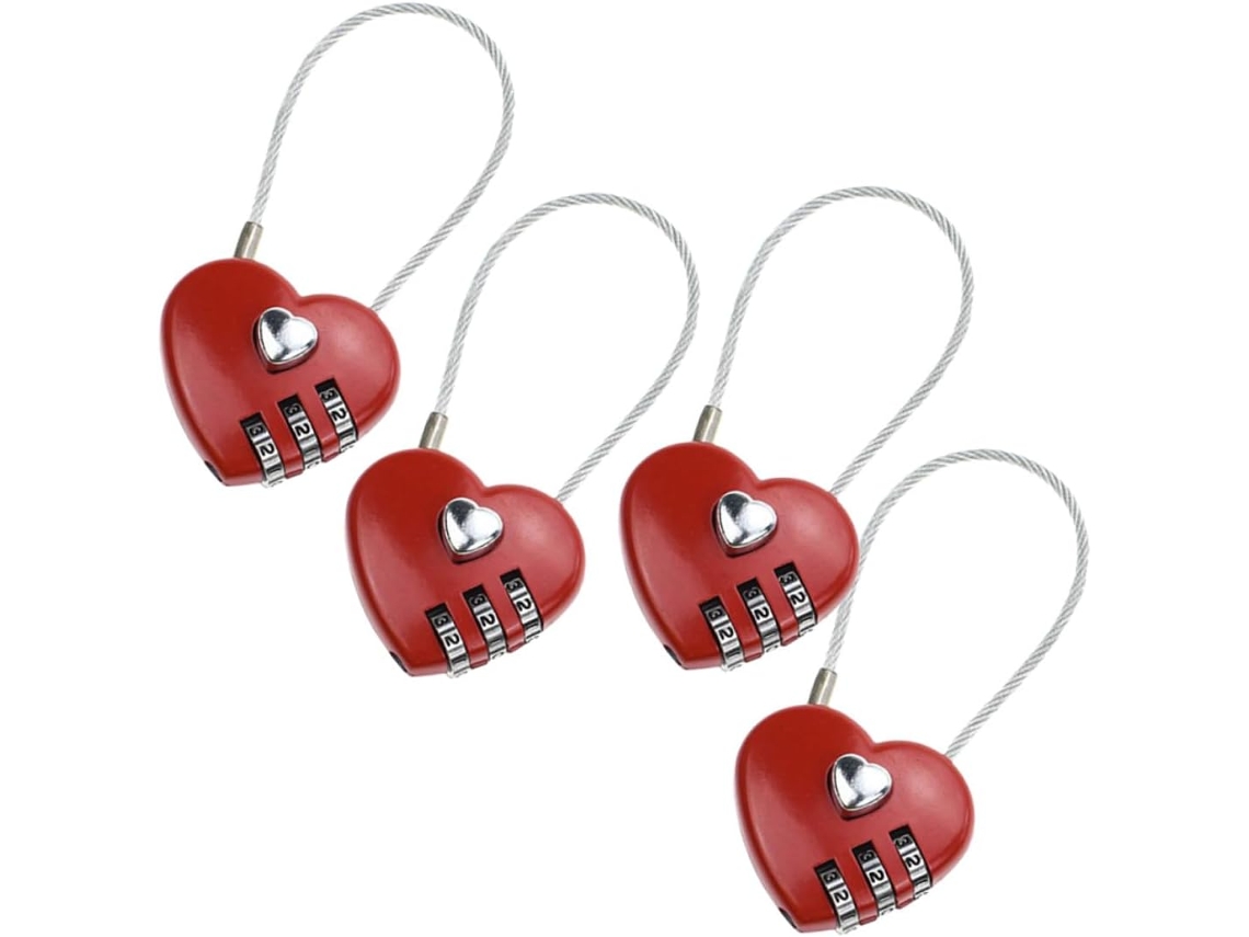 Conjunto De 4 Cadeados Bagagem Em Formato Coração Vermelho Com Senha E Combinação Três Dígitos Para Viagens Uso