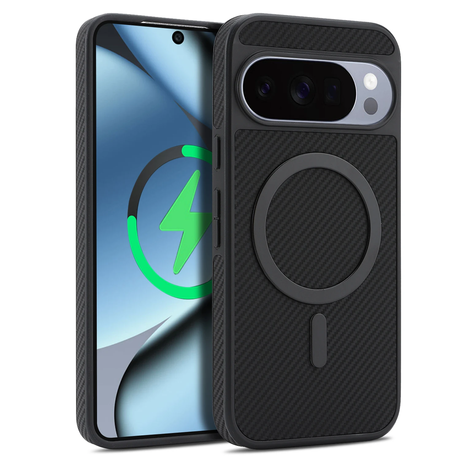 Capa De Celular Em Couro Magnético Com Fibra De Carbono (google Pixel 9, Preta)