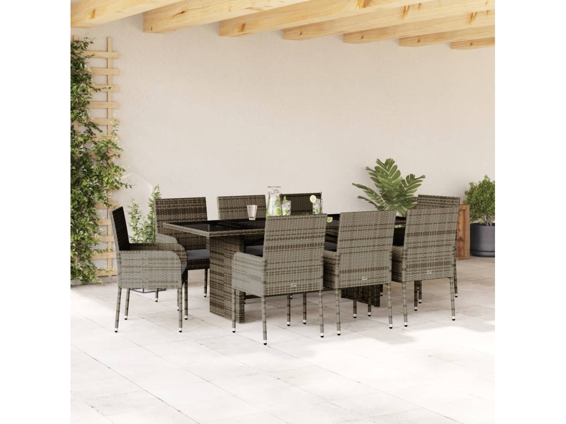 Vidaxl 9 Pcs Conjunto De Jantar P/ Jardim C/ Almofadões Vime Pe Cinza