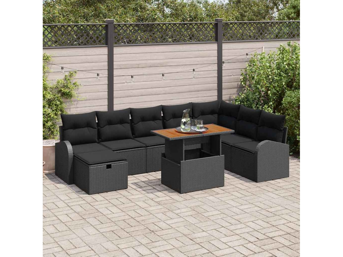 Vidaxl Conjunto De Sofá De Jardim Com Almofada 9 Pcs Preto Vime Pe