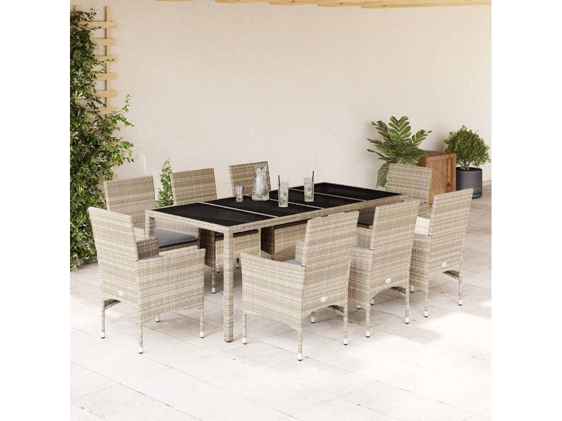 Vidaxl 9pcs Conj. Jantar Jardim + Almofadões Vime Pe/vidro Cinza Claro