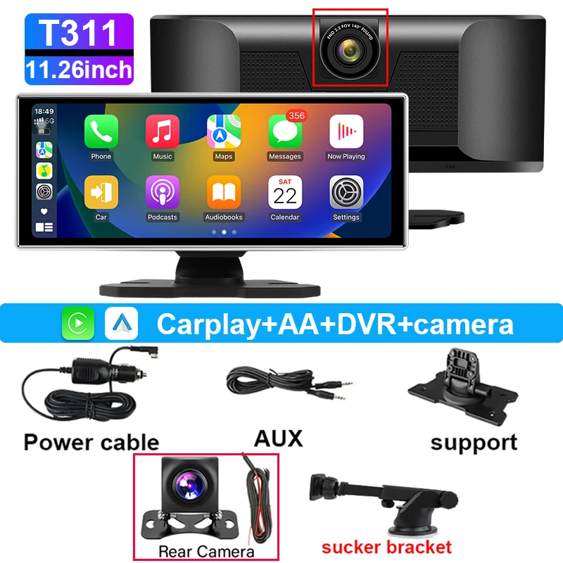(cartão Dvr De 128 Gb) Câmera Veicular 4k De 11,26 Polegadas, Carplay Sem Fio, Gps Com Lente Dupla