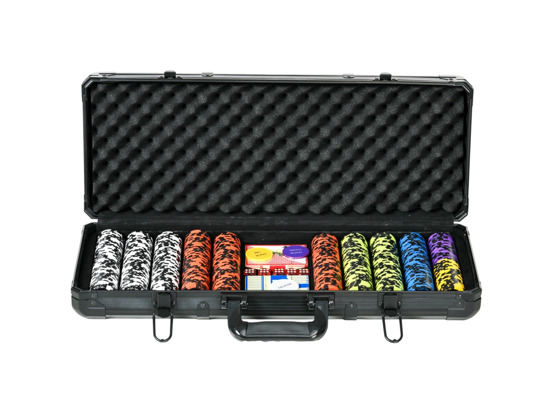 Conjunto Póquer 500 Fichas, 2 Baralhos, 5 Dados, Botões, Mala Alumínio, Preto