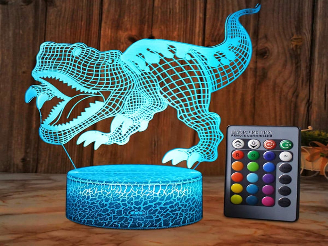 Luminária noturna 3D Lurelia em formato de dinossauro, recarregável via USB, com controle remoto, sensor de toque e RGB, ideal para quarto infantil, com luz suave.