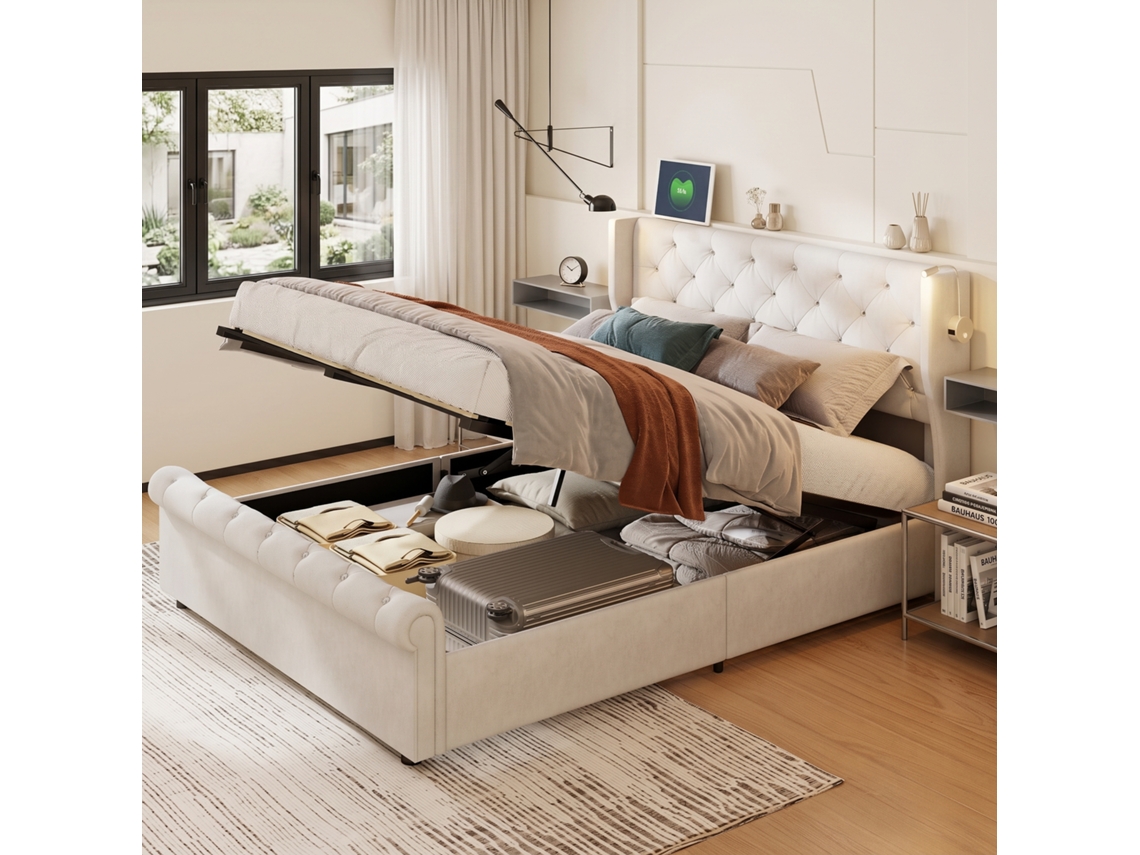 Cama Casal 160x200 Cm Com Sistema Elevável A Gás, Lâmpadas De Leitura Led, Tomada Ue E Usb, Cama Estofada Em Veludo Com Arrumação, Bege