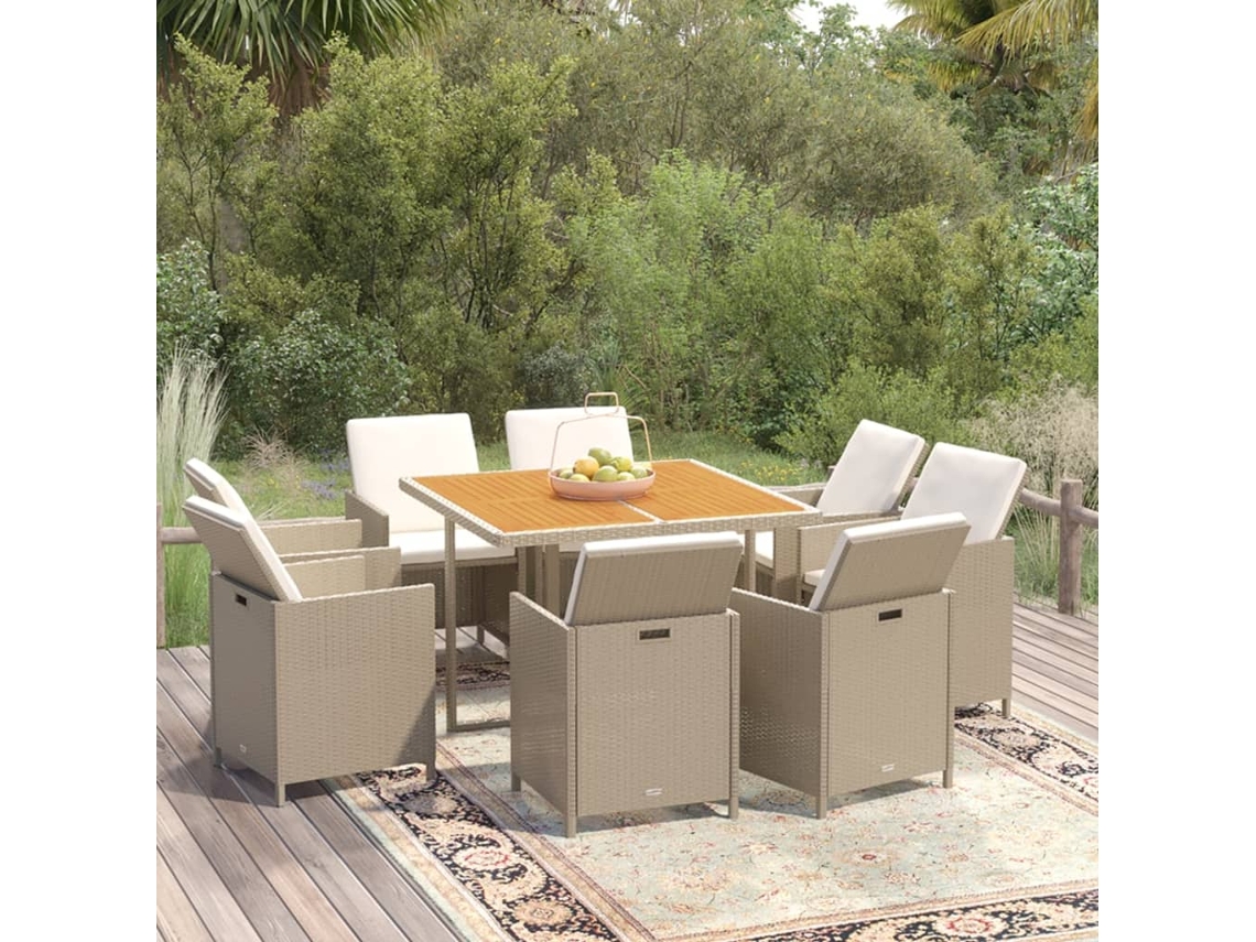 9 Pcs Conjunto De Jantar P/ Jardim Com Almofadões Vime Pe Bege Dkd Home Decor