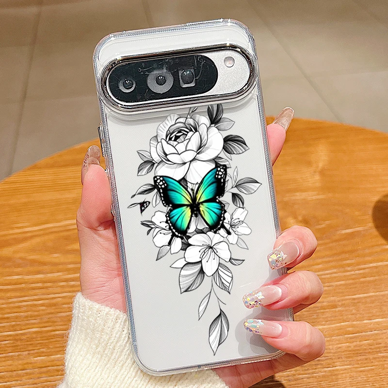 Capa Transparente Para Celular Google Pixel 9 Pro Xl Com Estampa Retrô De Borboletas, À Prova De Choque E Feita De Tpu Macio.