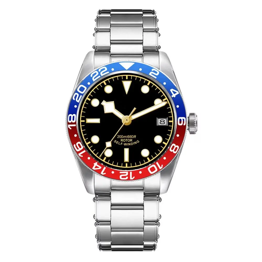 Relógio Masculino Automático Mecânico (azul E Vermelho) De 39 Mm, Resistente À Água Até 200 M, Cristal De Safira Com Luminescência.