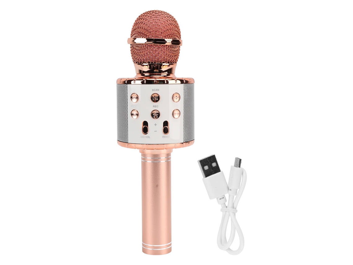 Mali microfone Karaokê Bluetooth Sem Fio com Alto falante Hifi, Luz Led e Bateria de Longa Duração Ouro Rosa