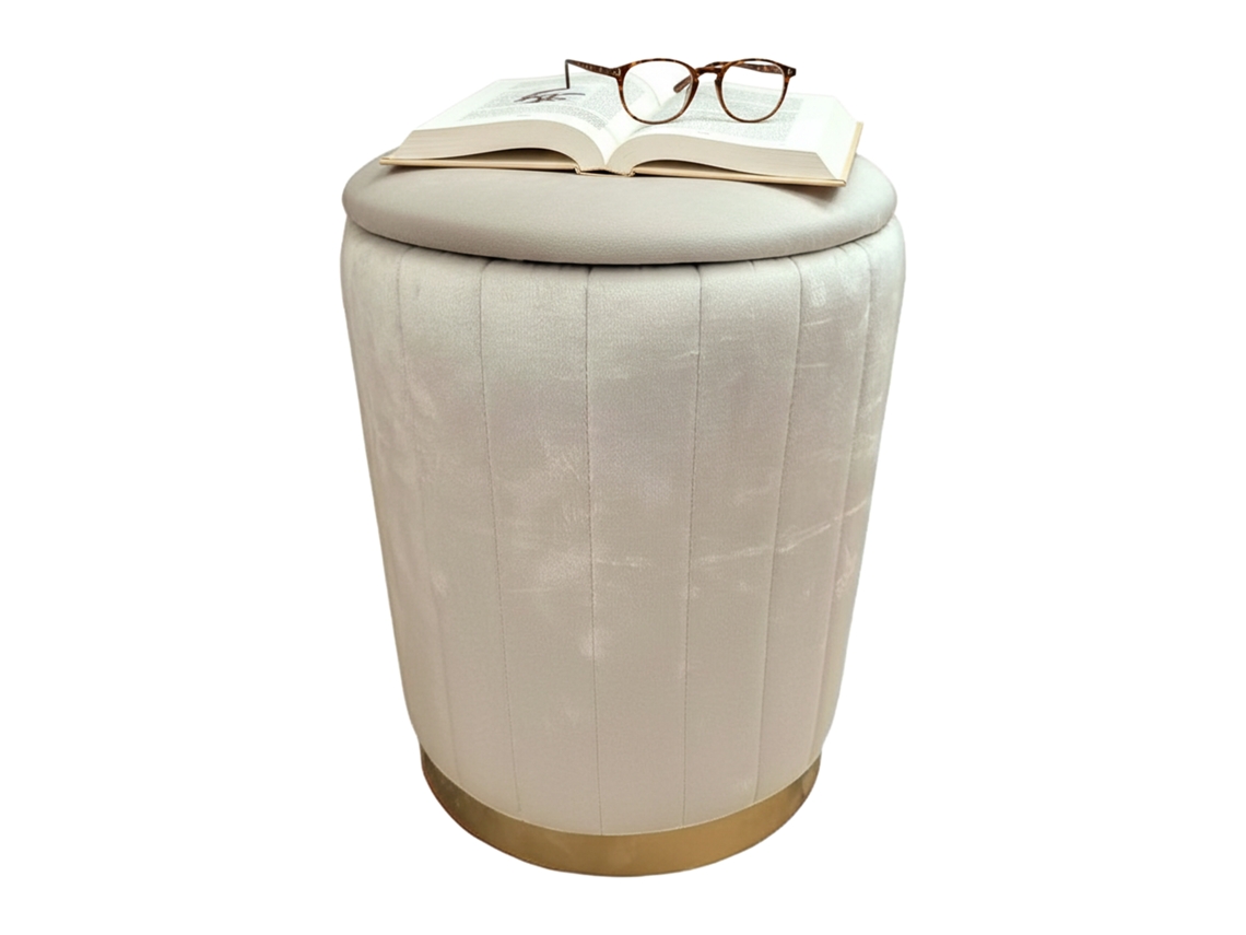 Banco Relaxdays Em Veludo Com Arrumação, Estofado, A X D: 42 X 32 Cm, Pufe Redondo Para Sala, Bege