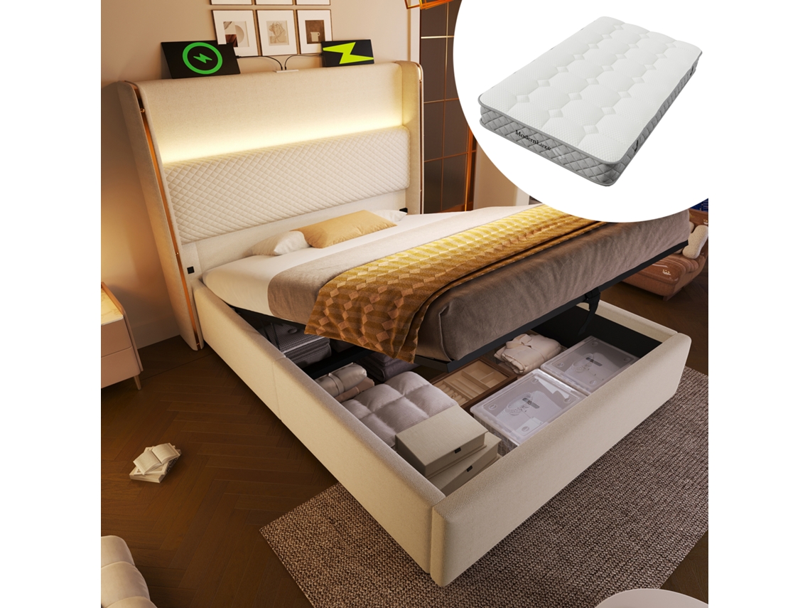 Cama Hidráulica Moderna, 90x200cm, Cabeceira Alta, Led, Armazenamento, Usb/tipo-c, Linho Bege, Com Colchão-op
