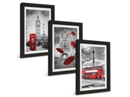 Composição De Quadros Guarda-chuva Vermelho, Barraca E Ônibus Em Londres Espelharte (3 Peças 20x30 Cm)