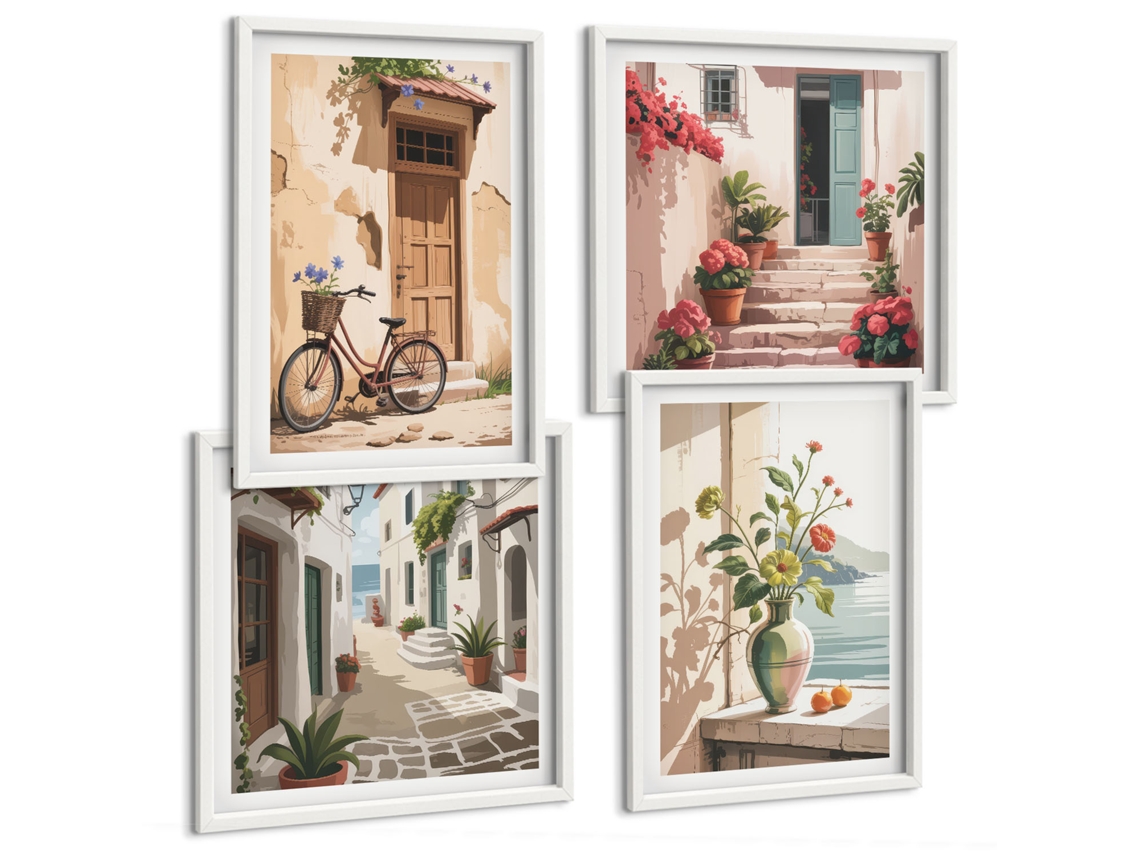 Pinturas Murais Modernas Ruas, Flores E Bicicletas Moldura Branca Quadros Para A Sala De Estar Espelharte (conjunto De 4 Imagens)