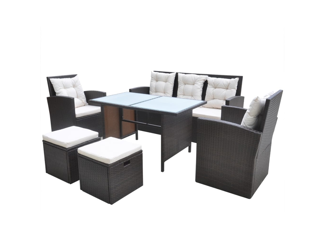 Maison Exclusive - 6 Pcs Conjunto Jantar Exterior Com Almofadões Vime Pe Castanho