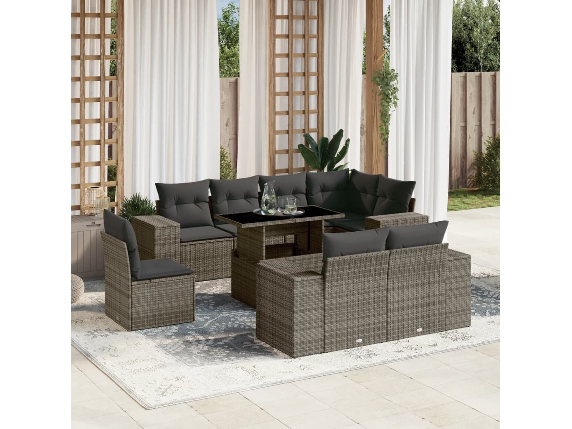 Vidaxl 9 Pcs Conjunto Sofás P/ Jardim com Almofadões Vime Pe Cinzento