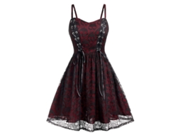 Vestido de Halloween com Cabeça de Caveira – Camisola Mini com Renda e Mesh Vestido de Bruxa para Mulheres Vermelho NEVEANCE
