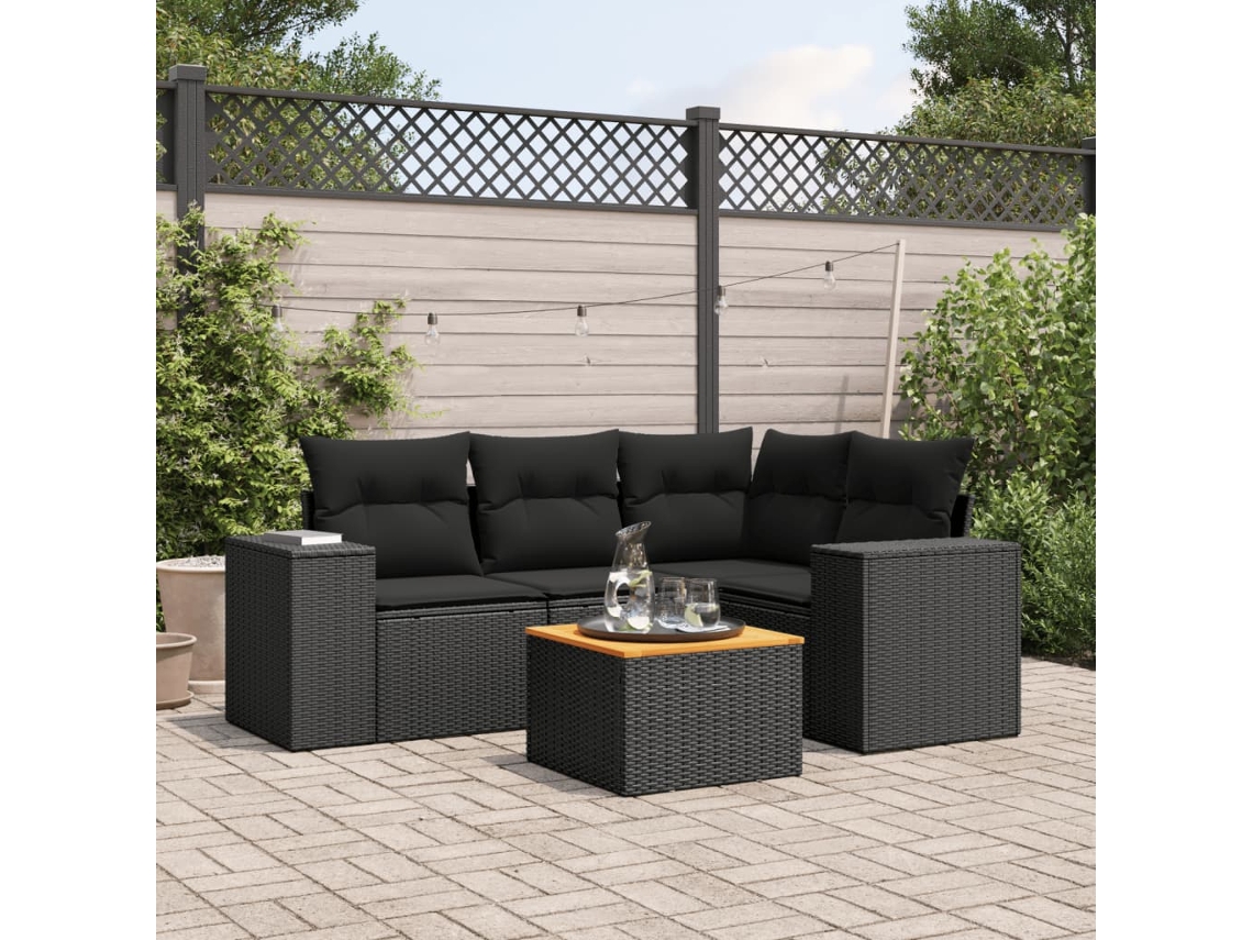 Vidaxl 5 Pcs Conjunto Sofás De Jardim Com Almofadões Vime Pe Preto