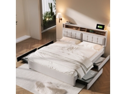 Cama Casal Com 4 Gavetas E Usb, 160x200cm, Cabeceira Ajustável, Base De Madeira Liptaptyn (sem Colchão)