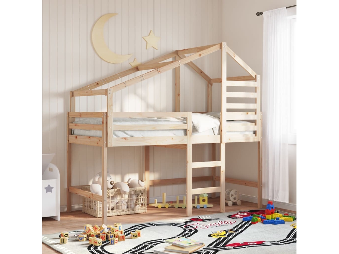 Cama Alta C/ Escada E Telhado 80x200 Cm Pinho Maciço