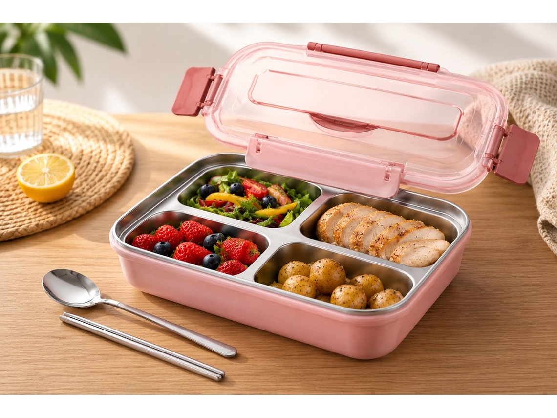 Lancheira de Aço Inoxidável com Tampa Livre Bpa, Conjunto Talheres e Suporte para Celular, Escola Trabalho, Rosa AQUAFORGE